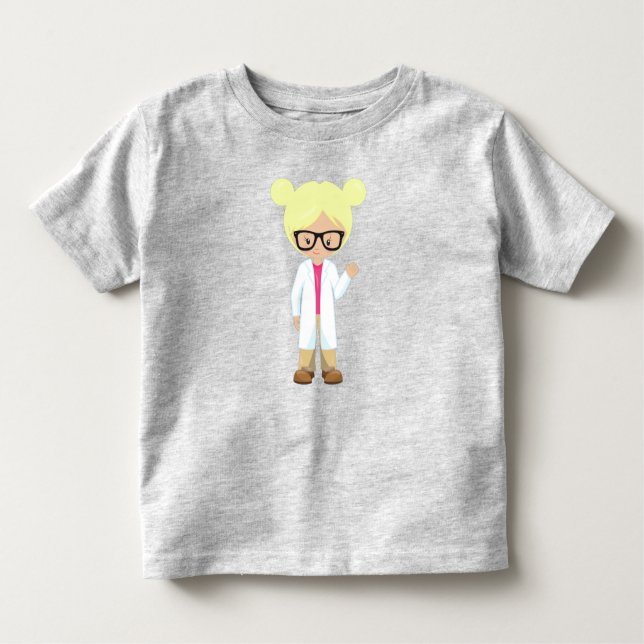 Camiseta Infantil Cientista, Garota Bonita, Cabelo Loiro (Frente)
