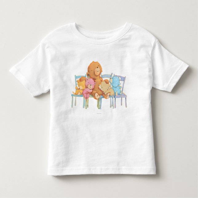 Camiseta Infantil Cinco peluches e ursos coloridos em cadeiras (Frente)