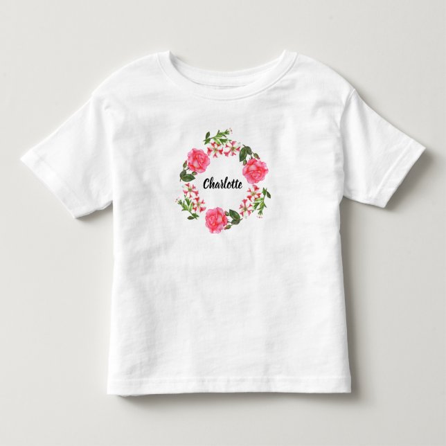 Camiseta Infantil Círculo de Fusca das Flores Rosa de Aquarela (Frente)