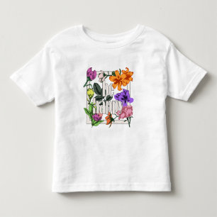 Camiseta Infantil Citação positiva Ser Feliz e flores de jardim