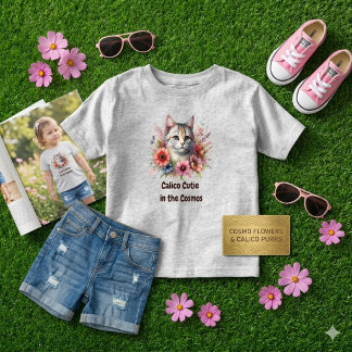 Camiseta Infantil Clico Cute e Flores Cosmos / Amante de Gatos