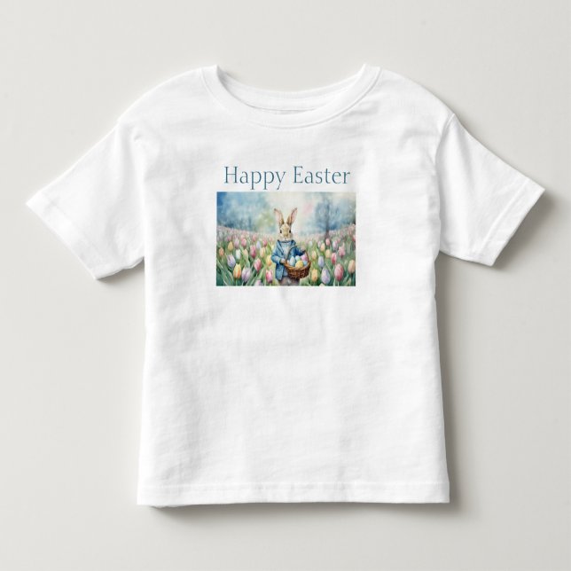 Camiseta Infantil Coelhinho da Páscoa num campo de Tulips (Frente)