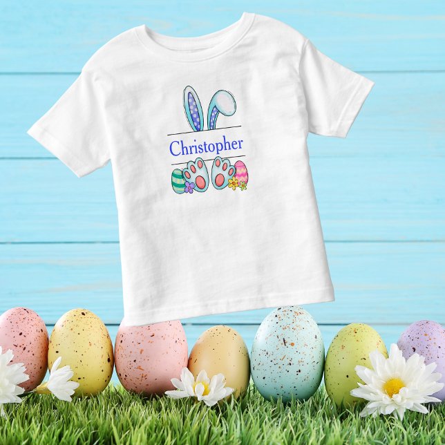 Camiseta Infantil Coelhinho de Páscoa Azul Monograma para Menino  (Criador carregado)