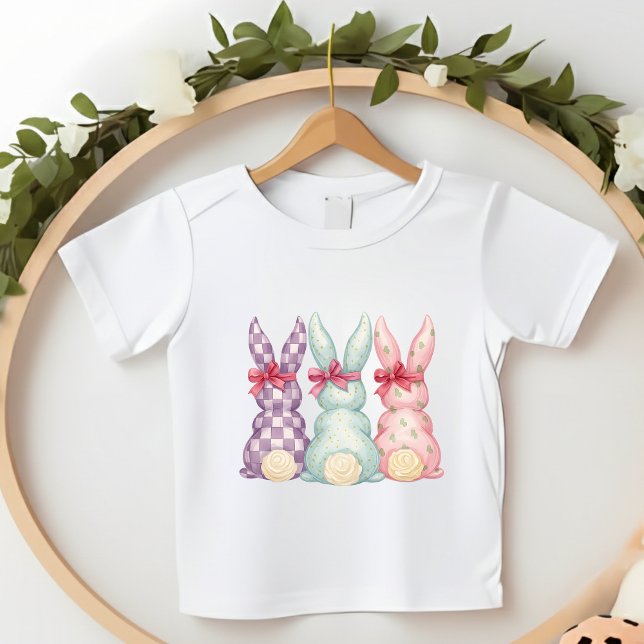 Camiseta Infantil Coelhinhos de Páscoa para Meninas Pequenas Laço Ro (Criador carregado)