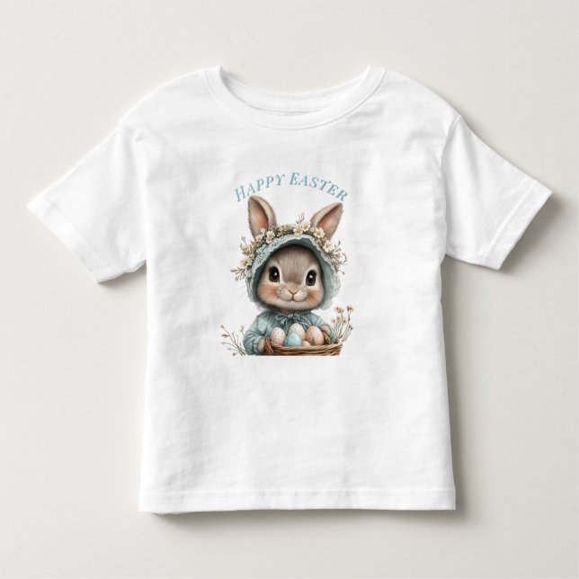 Camiseta Infantil Coelho da Páscoa Feliz Cesto de Chapéu Azul Ovos F (Frente)