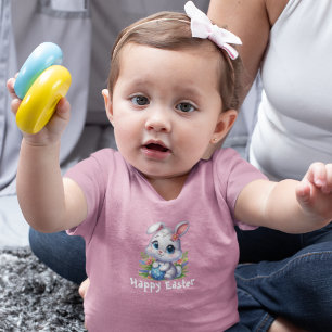 Camiseta Infantil Coelho de Páscoa Branco Fofo com Ovo