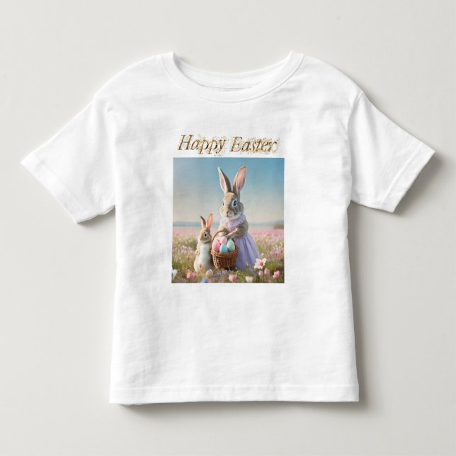 Camiseta Infantil coelho de Páscoa com Ovos da Páscoa Feliz Páscoa (Frente)