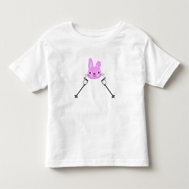 Camiseta Infantil Coelho do esqui com bastões de esqui (Frente)