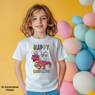Camiseta Infantil Coelho Montando Dinossauro T-Rex Feliz Páscoa
