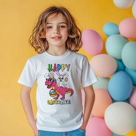 Camiseta Infantil Coelho montando dinossauro T-Rex Feliz Páscoa
