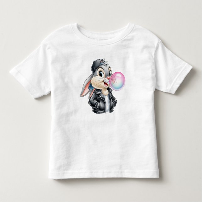 Camiseta Infantil Coelho numa Jaqueta de couro com pastilha elástica (Frente)