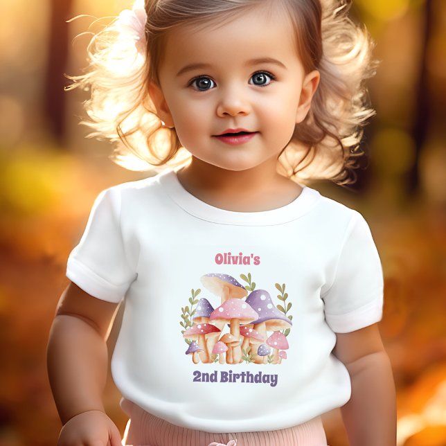 Camiseta Infantil Cogumelos Puros Rosa Querem segundo aniversário Ga (Pink Purple Mushrooms Fall 2nd Birthday Girl Toddler T-shirt)