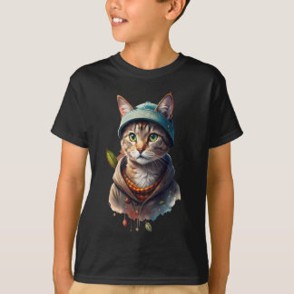 Camiseta infantil com impressão de gato num chapéu