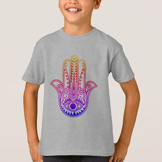 Camiseta infantil com neon Hamsa Mão com mau (Frente)