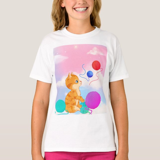 Camiseta infantil com nuvens brancas rosa, azul, (Frente)