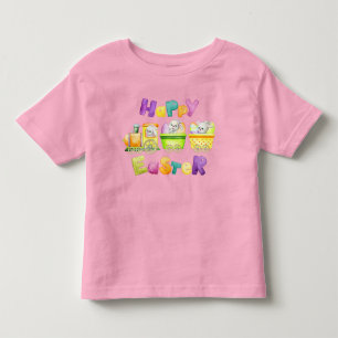 Camiseta Infantil Comboio de Aquarela com Coelho felz pascoa Pastel