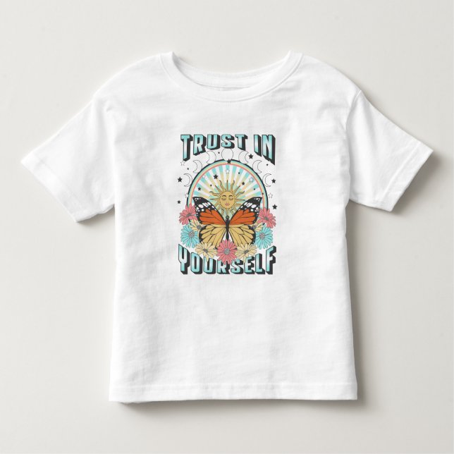 Camiseta Infantil Confie em si mesmo | Sol Celestial e Borboleta (Frente)