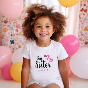 Camiseta Infantil Cor d'água rosa Corações com nome de irmã grande M