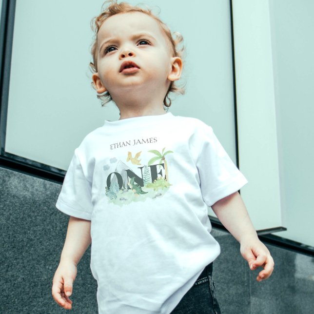 Camiseta Infantil Cor d'água Simples do primeiro aniversario Dinossa (Roar into style with our dinosaur one-shirt!)