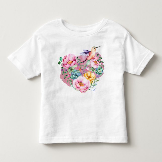 Camiseta Infantil Coração de Aquarela Rosa-Rosa com Hummingbird (Frente)