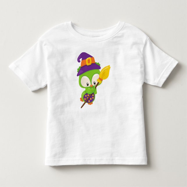Camiseta Infantil Coruja das Halloween, Coruja Bonita, Coruja Verde, (Frente)