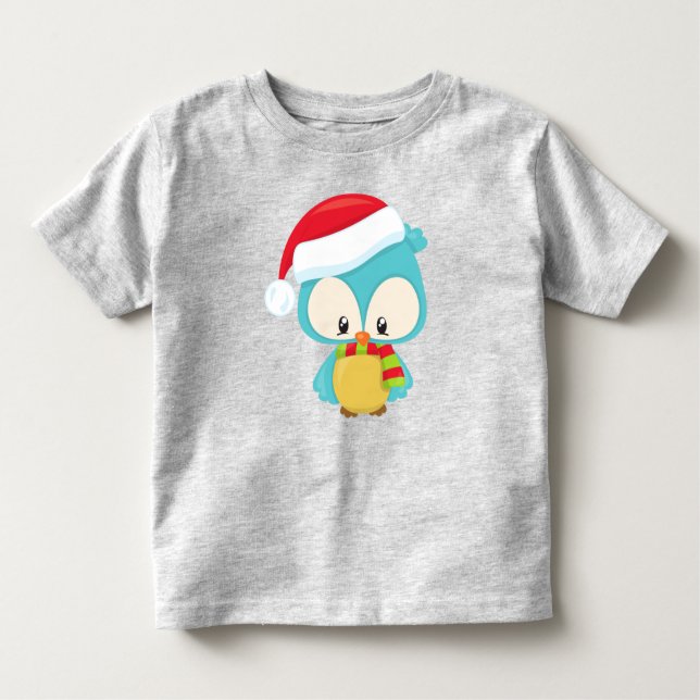 Camiseta Infantil Coruja de Natal, Coruja Bonita, Chapéu Santa, Esca (Frente)