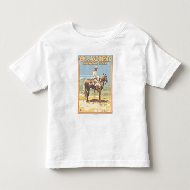 Camiseta Infantil Cowboy em Horseback - Parque Nacional Glacier, (Frente)