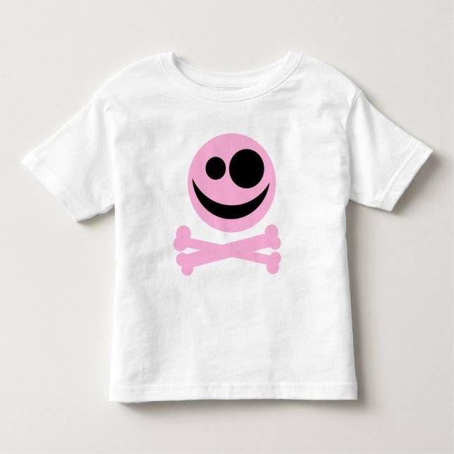 Camiseta Infantil Crânio e Crossbones. Rosa e preto (Frente)
