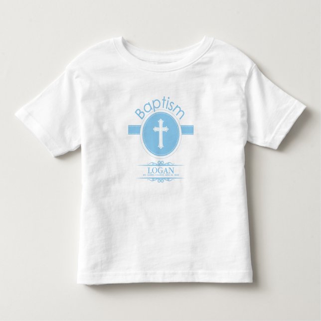 Camiseta Infantil Criança Azul e Personalizável do Batismo de Deus (Frente)