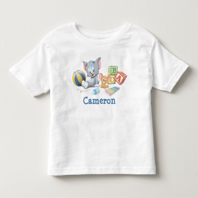 Camiseta Infantil Criança Tom e Jerry Brincando com Brinquedos (Frente)