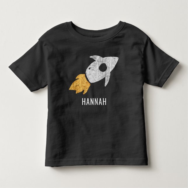 Camiseta Infantil Crianças do Espaço Exterior do Foguete Dourado Per (Frente)