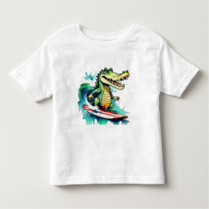 Camiseta Infantil Crocodilo engraçado surfando T-Shirt