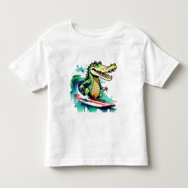Camiseta Infantil Crocodilo engraçado surfando T-Shirt (Frente)