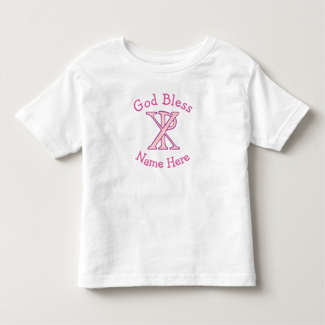 Camiseta Infantil Cruz Cristã Chi Ro Rosa Personalizada (Frente)