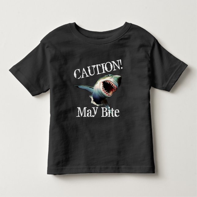 Camiseta Infantil "Cuidado engraçado! Pode morder" com tubarão (Frente)