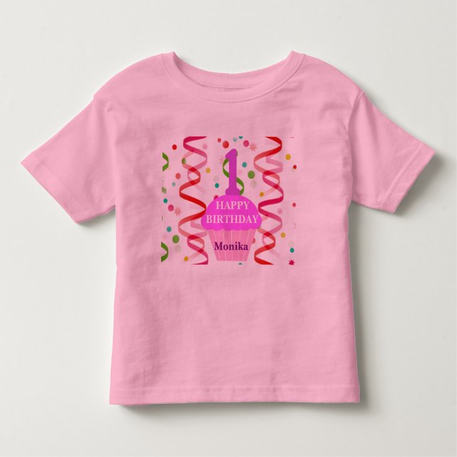Camiseta Infantil Cupcake de Aniversário Feliz de Idade e Nome Perso (Frente)