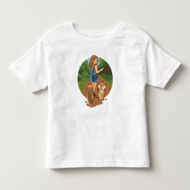 Camiseta Infantil Cute Dog Mom Walking Puppies Forest Trail Illustra (Frente)
