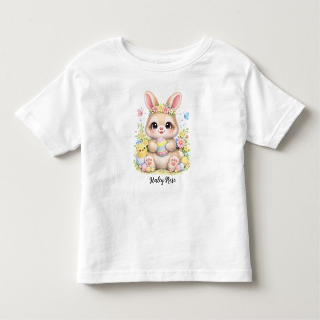 Camiseta Infantil Cute Easter Bunny Holding Eggs with Flowers (Frente)