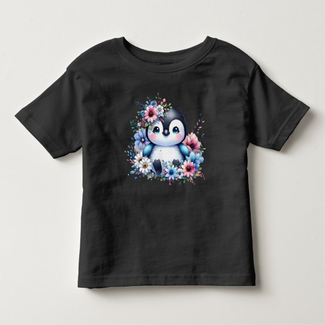 Camiseta Infantil Cute Floral Penguin Pastel Illustration T-Shirt (Frente)