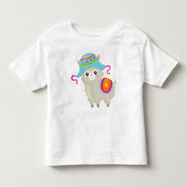 Camiseta Infantil Cute Llama, Little Llama, Alpaca, Llama Com Chapéu (Frente)