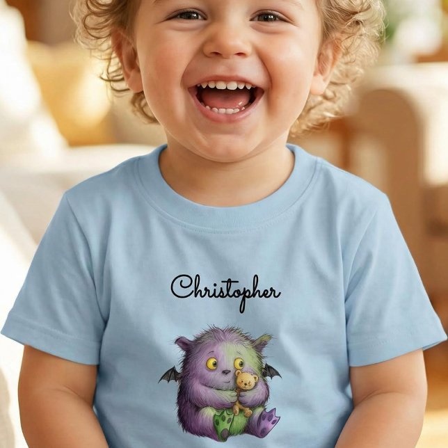 Camiseta Infantil Cute Purple Green Fluffy Monster Buddy (Criador carregado)