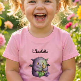 Camiseta Infantil Cute Purple Green Fluffy Monster Buddy