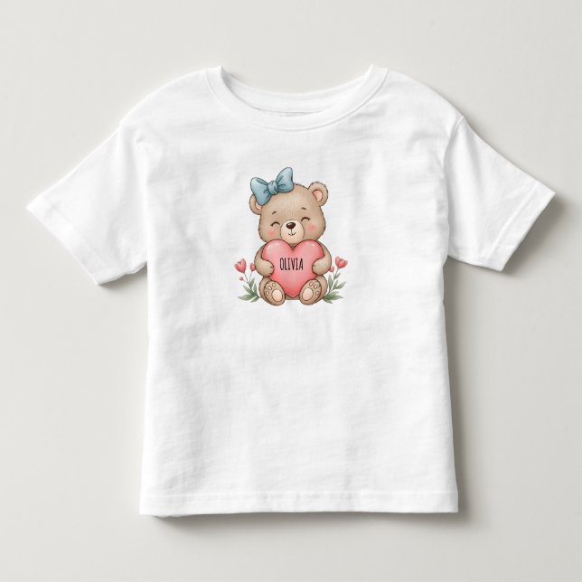 Camiseta Infantil Cute Teddy Bear Holding Pink Heart (Frente)