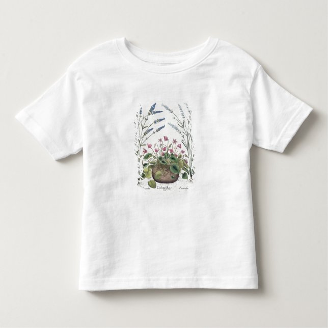 Camiseta Infantil Cyclamen e lavanda: 1.Cyclamen Romanum; 2.Spica (Frente)