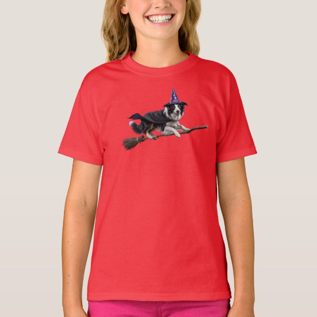 Camiseta Infantil de Bruxa Border Collie Fofa (Frente)