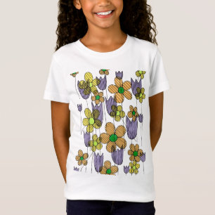 Camiseta Infantil de Flores Listradas Desenhadas à