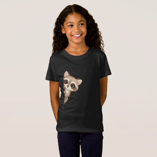 Camiseta Infantil de Guaxinim Fofo Espiando (Frente Completa)
