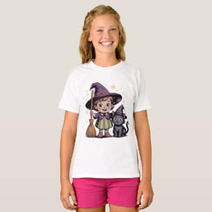 Camiseta Infantil de Halloween Menina Bruxa Gato