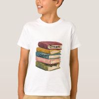 Camiseta infantil de livros empilhados "Sonhar, Co