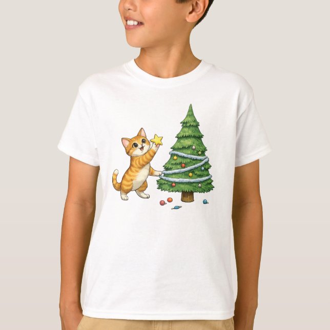 Camiseta Infantil de Natal com Árvore e Gato Fofo (Frente)